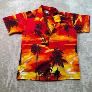 VTG 70s 80s Kole‎ Kole Polyester Button Up Shirt Sz Lg Sunset Missing Button